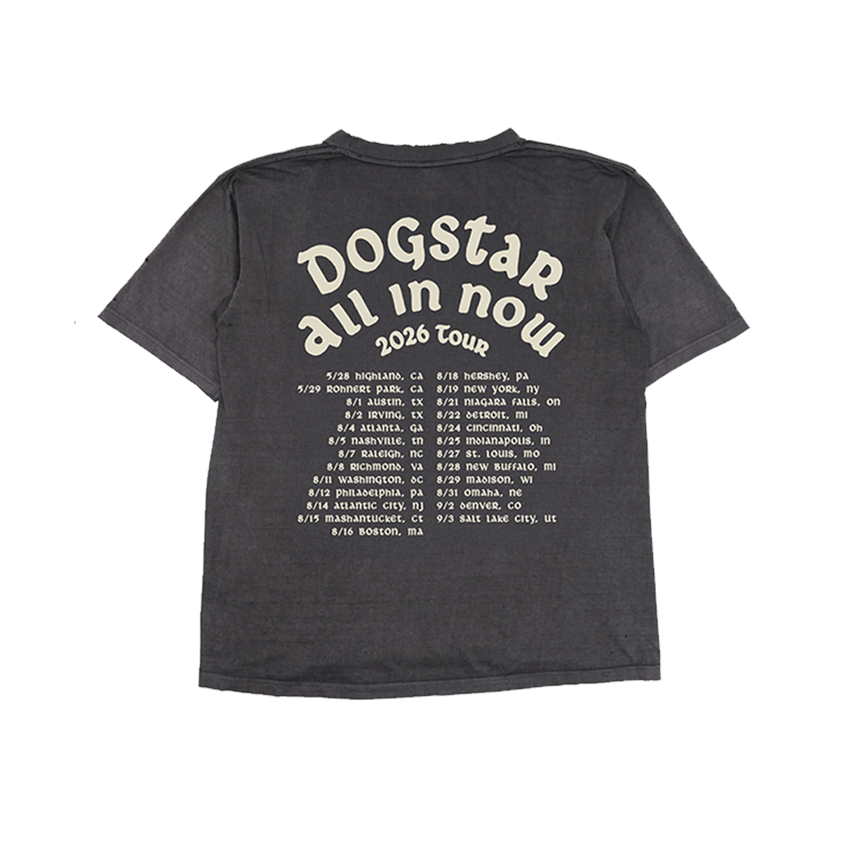 Black t-shirt with 'Dogstar all in now 2026 Tour' text