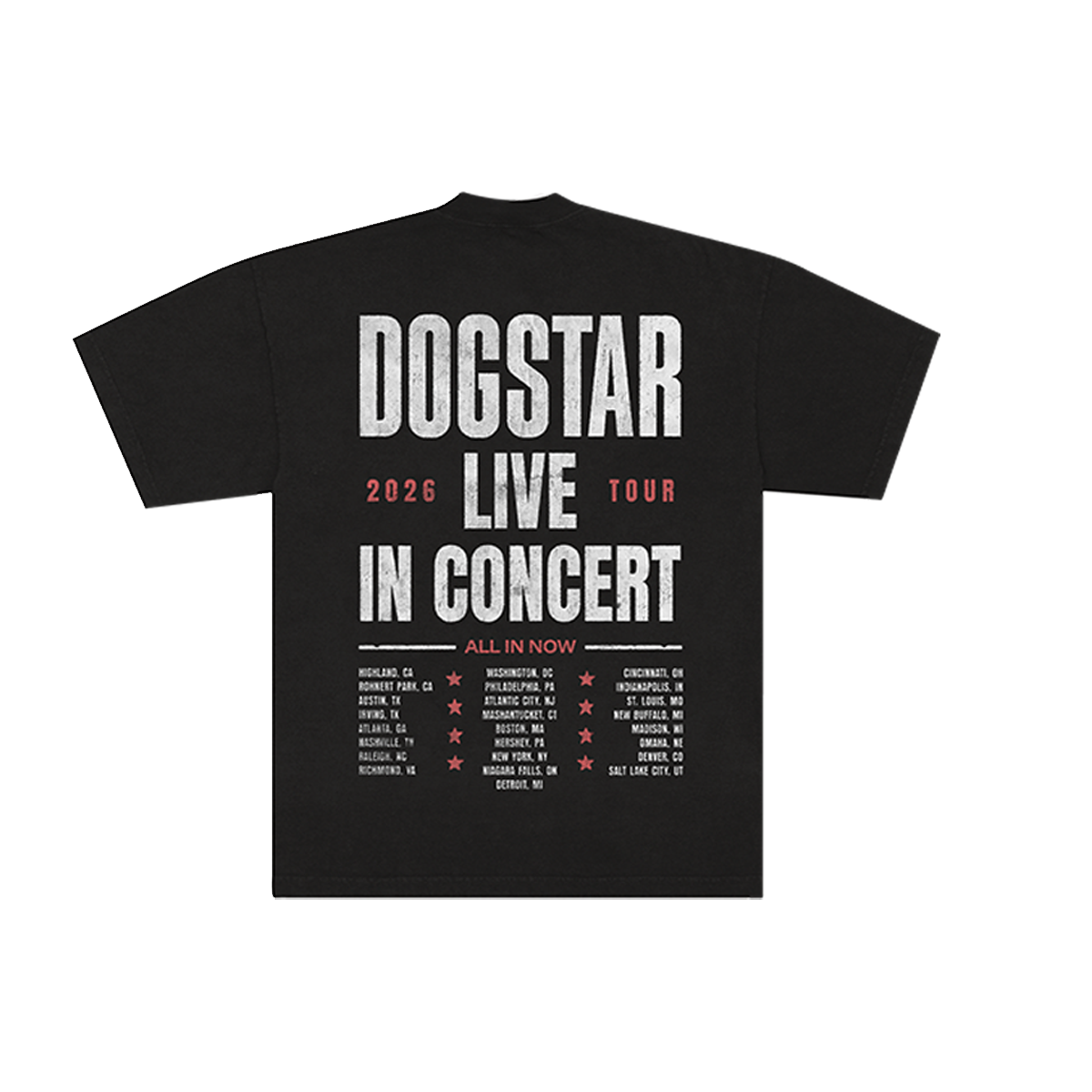 Black t-shirt with 'Dogstar Live in Concert' US tour 2026 dates on back