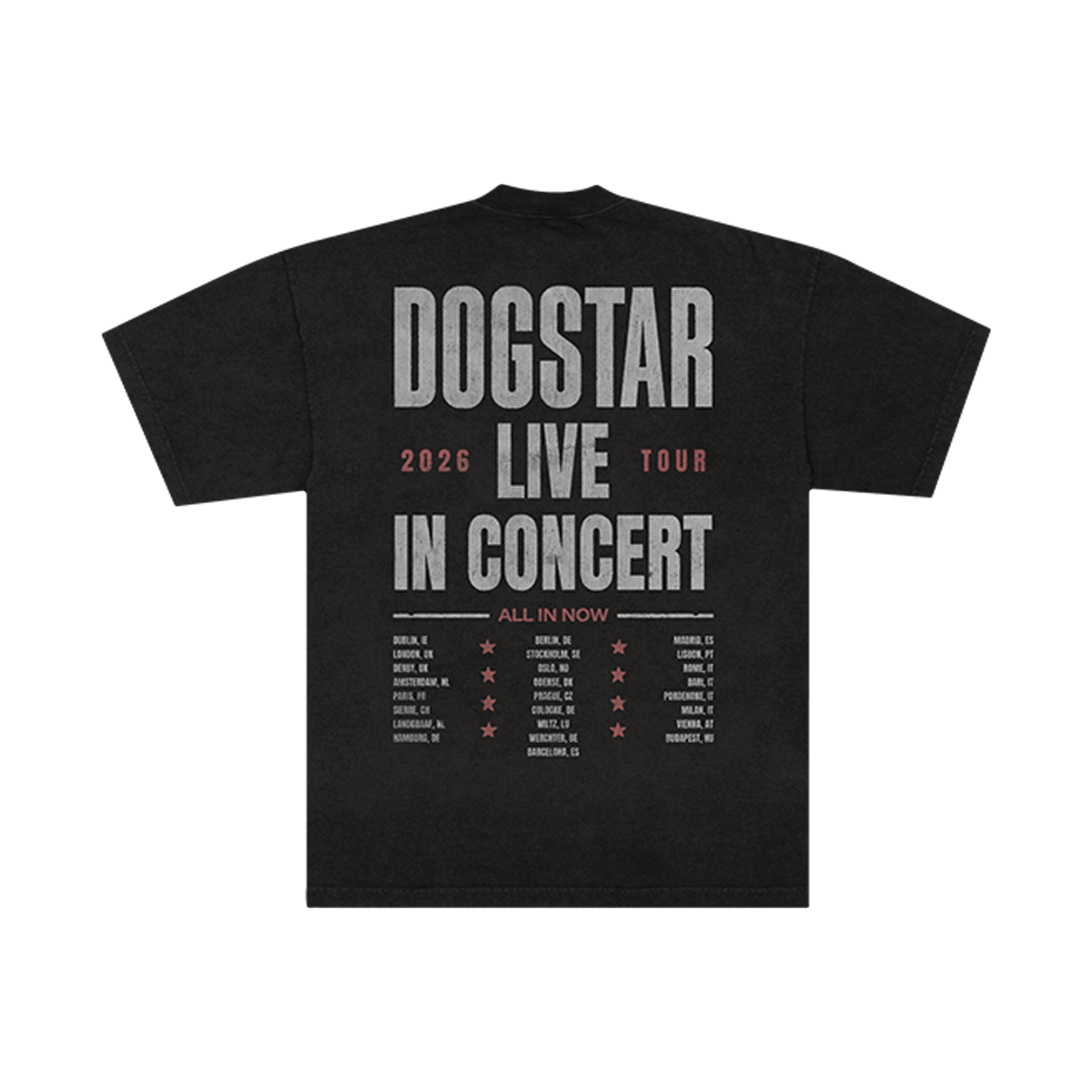 A black short-sleeve t-shirt with a distressed graphic print on the back, featuring the text 'DOGSTAR LIVE TOUR 2026 IN CONCERT' and a concert tour schedule.