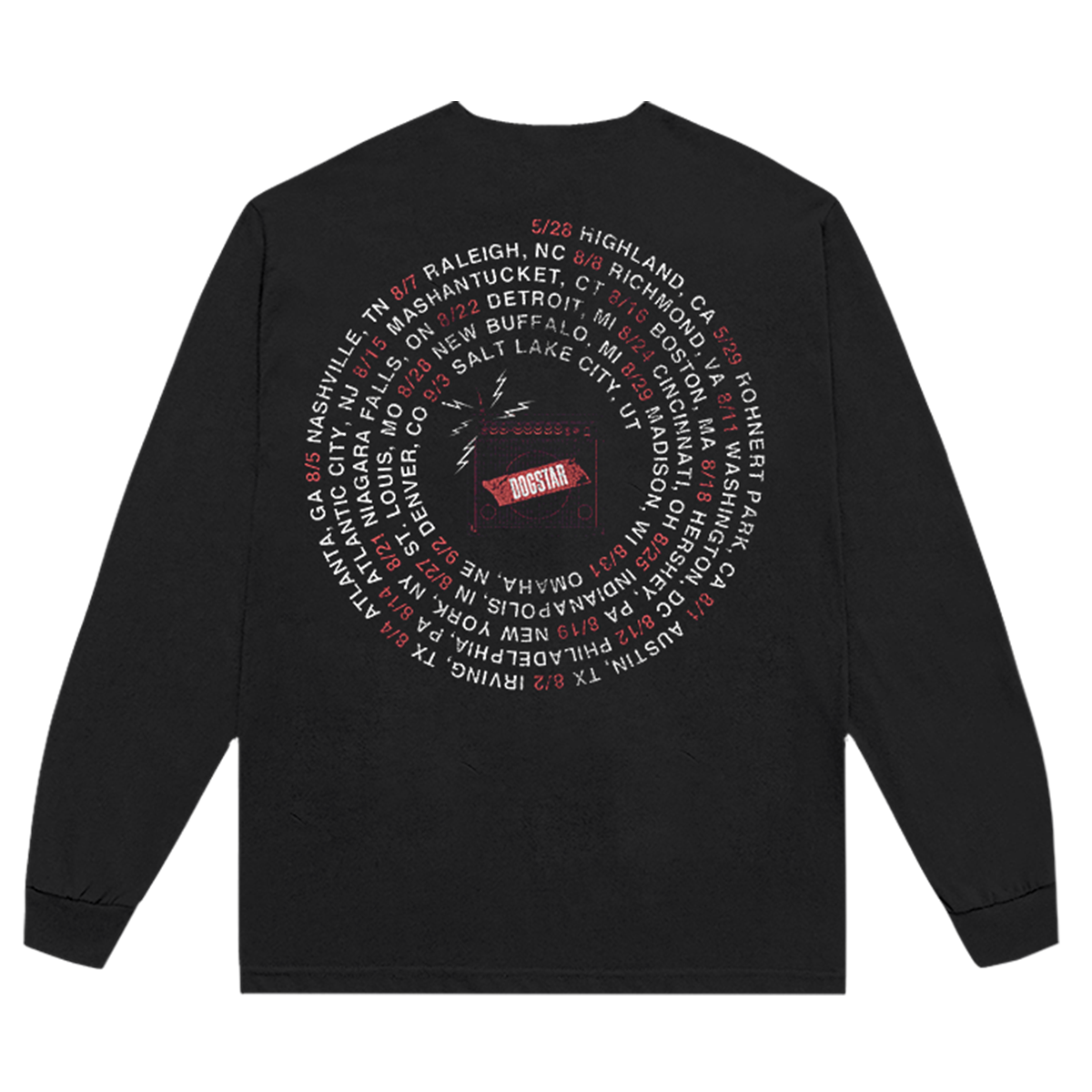 Black long-sleeve shirt with 'Dogstar all in now tour' text on back