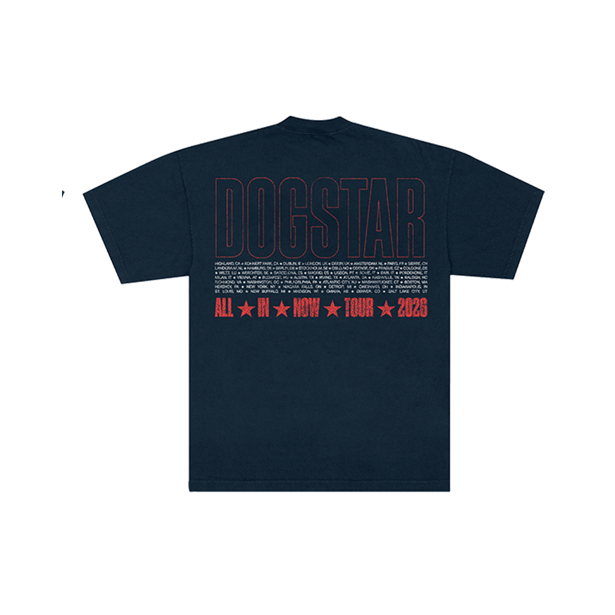 Navy blue t-shirt with red and white text with All In Now Tour 2026 dates