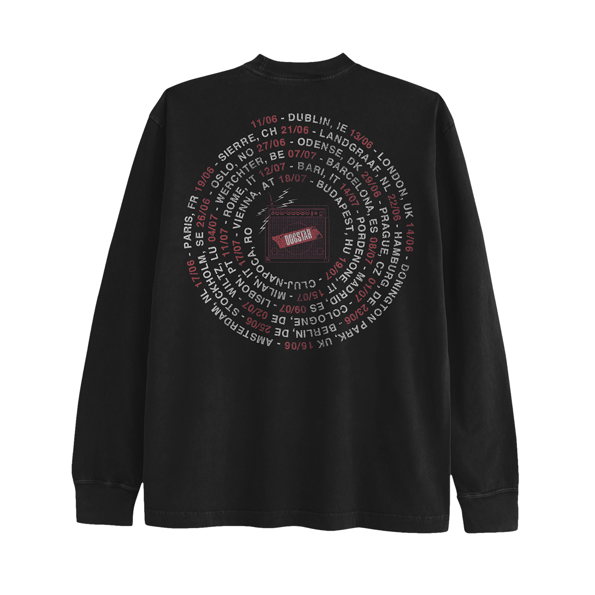 Black long-sleeve shirt with circular text design and tour dates on back