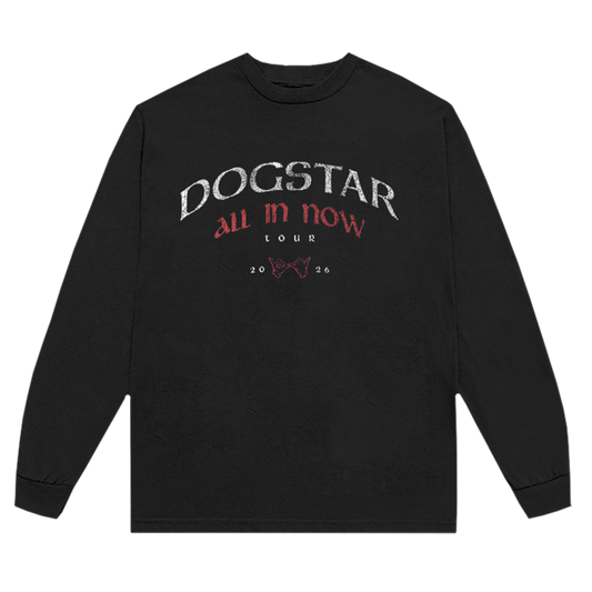Black long-sleeve shirt with 'Dogstar all in now tour' text 