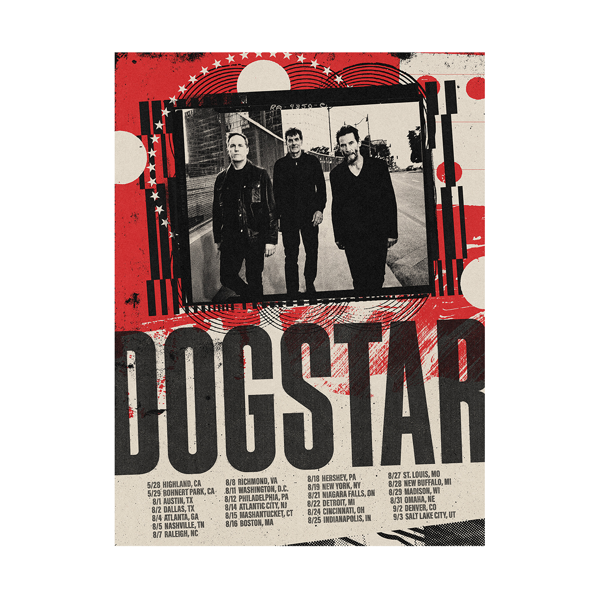 Poster with 'Dogstar' band members and red and black design elements.