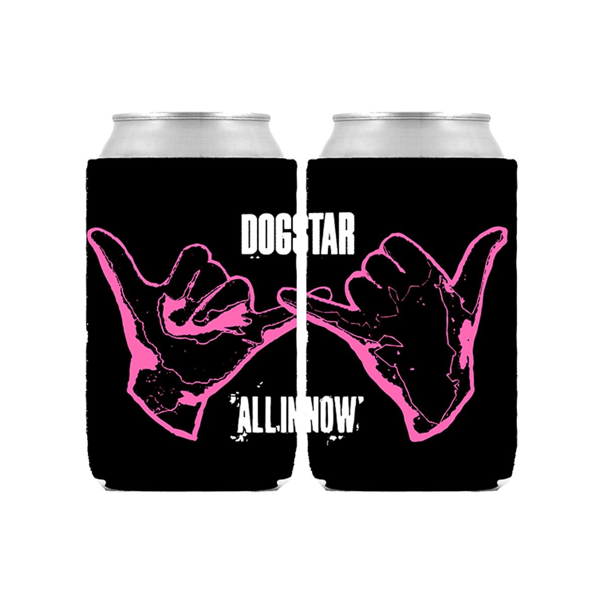 Two black can coolers with pink hand signs and 'Dogstar' branding 