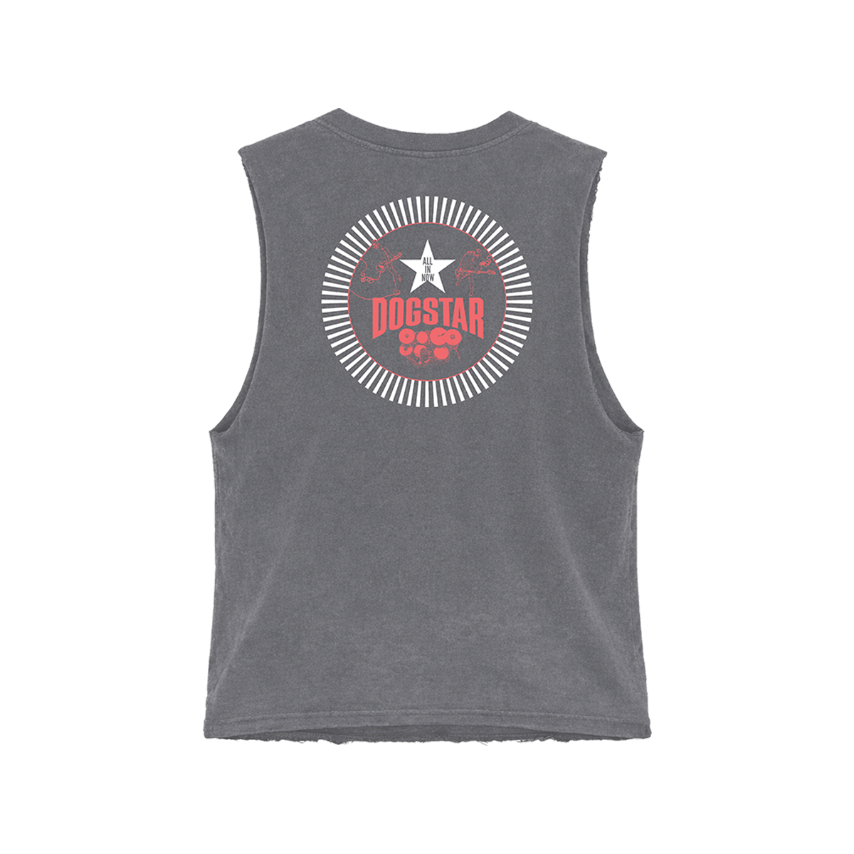 Gray sleeveless shirt with red graphic design and Dogstar in red text