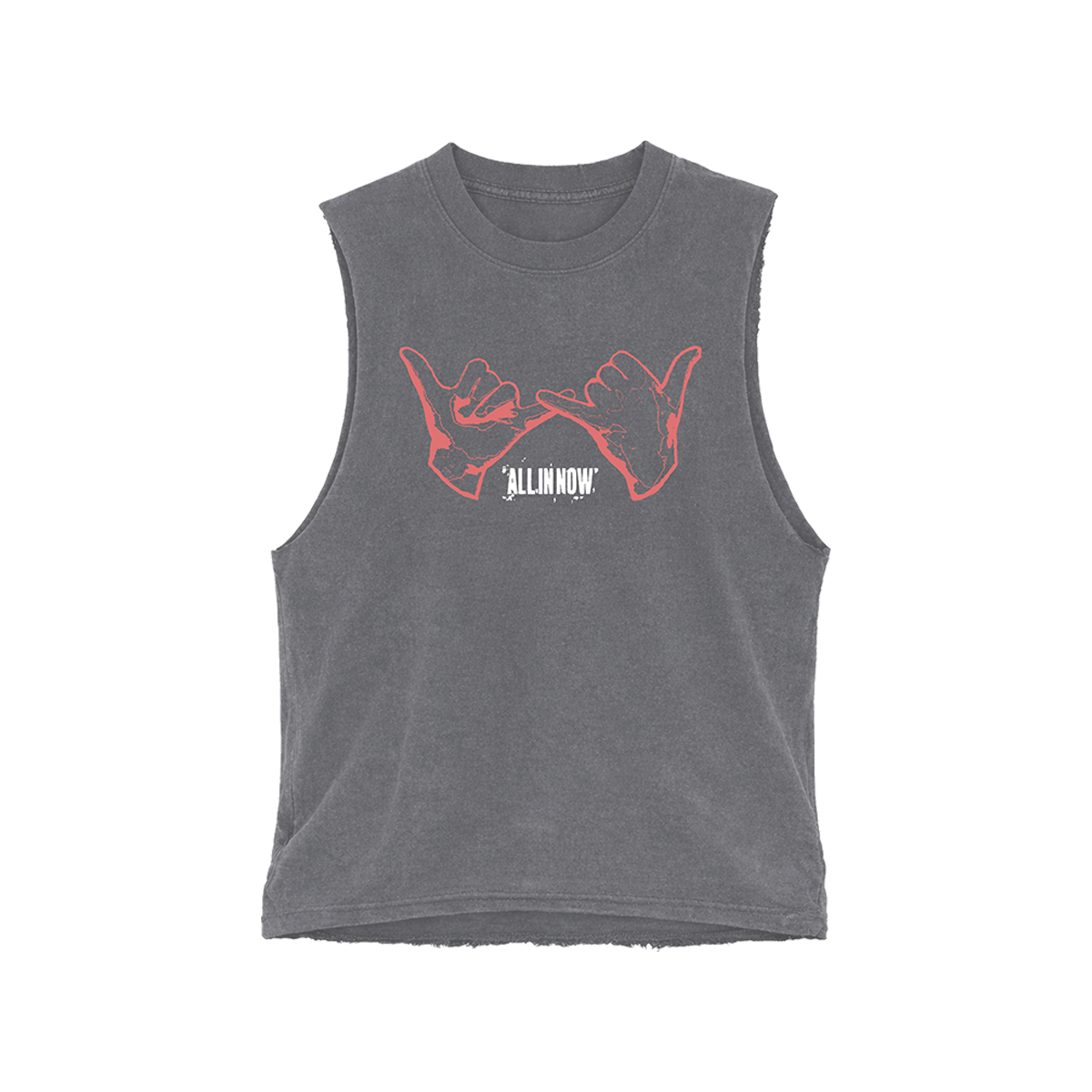 Gray sleeveless shirt with red graphic design and 'All In Now' in white text