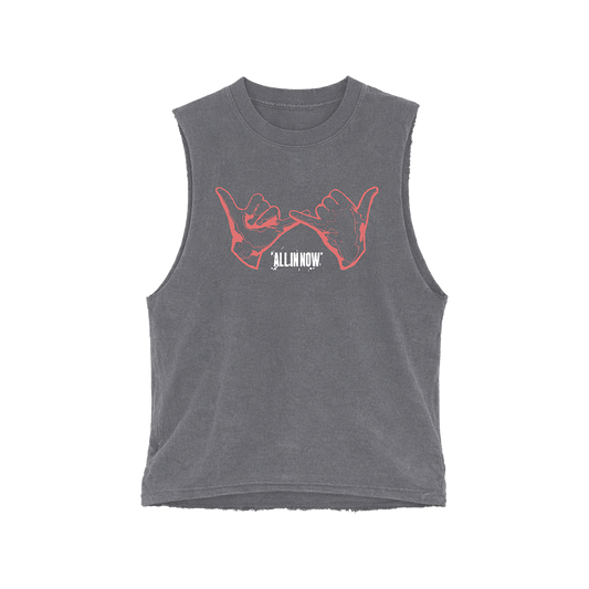 Gray sleeveless shirt with red graphic design and 'All In Now' in white text